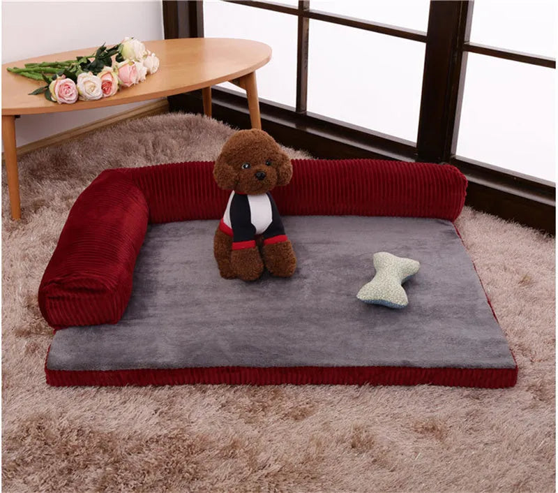 Corduroy pet sofa dog bed with raised edges in coffee colour showing reversible bilateral design