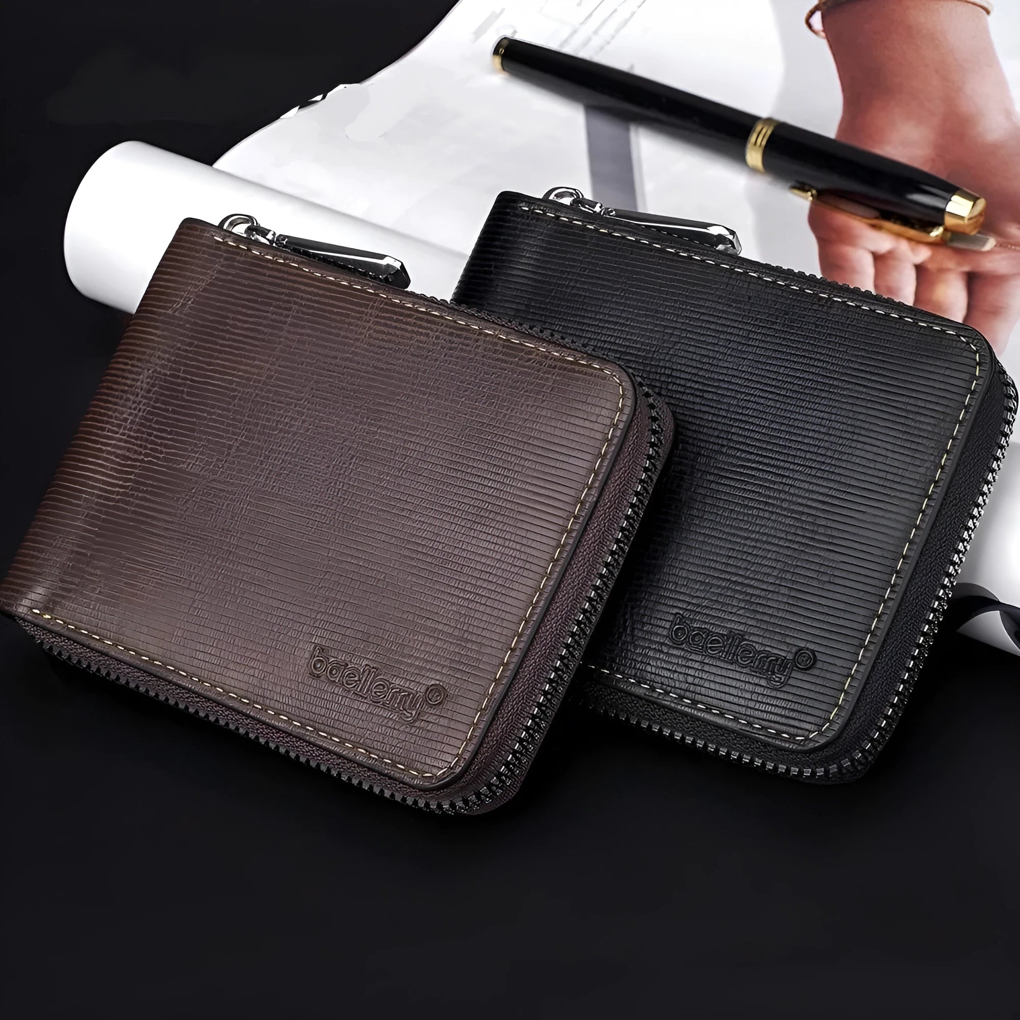 Black or brown leather anti-theft credit card wallet with zipper closure and embossed detailing