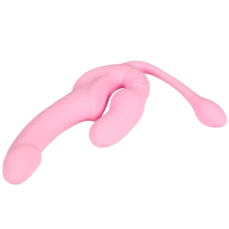Pink double-headed dragon silicone dildo with remote control, three shock patterns, self-defense stick