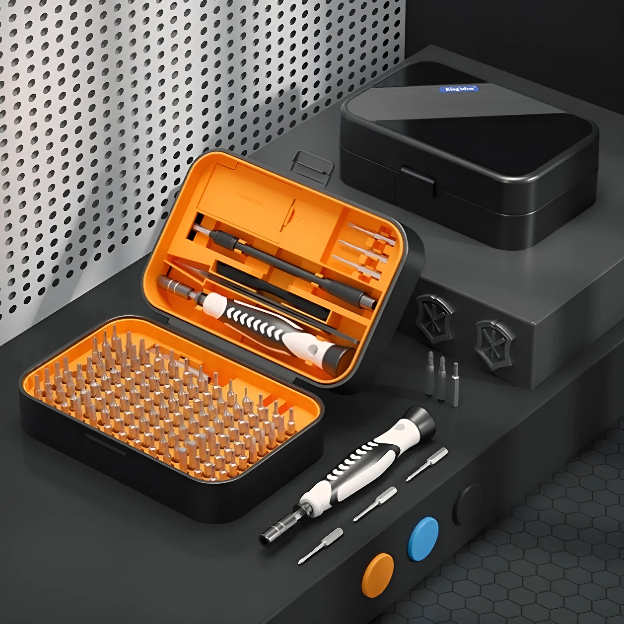 130 in 1 precision screwdriver tool set in orange and blue with CRV steel bits in compact case