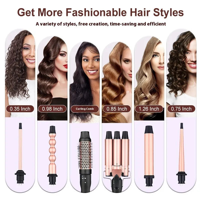Three-tube water wave hair curler with three heated barrels for curly and straight hairstyling
