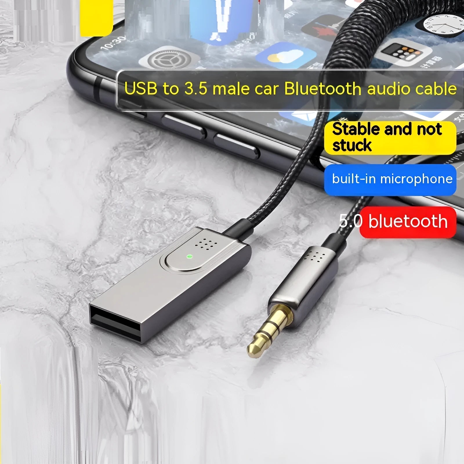 Black AUX car Bluetooth cable with 1.5m length for audio calls and navigation