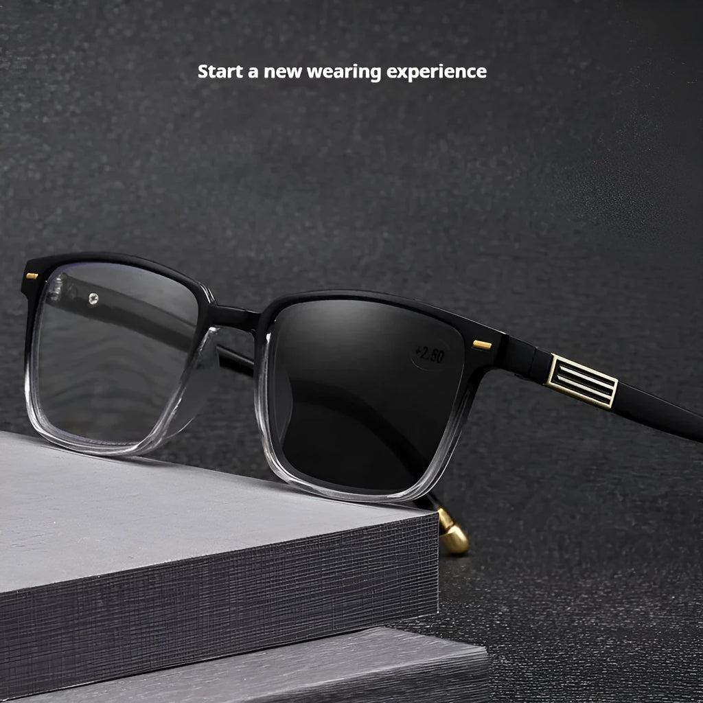 Multifocal reading glasses with anti-blue-light and colour-changing lenses in a black and silver frame.