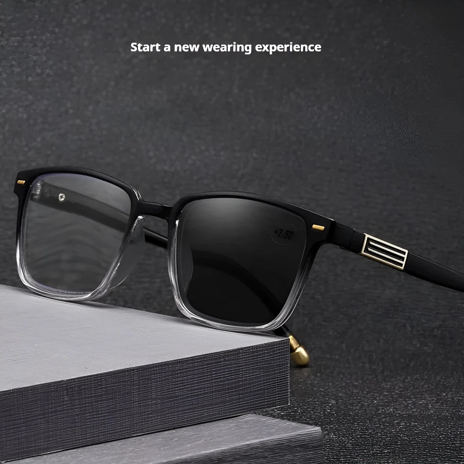 Multifocal reading glasses with anti-blue-light and colour-changing lenses in a black and silver frame.