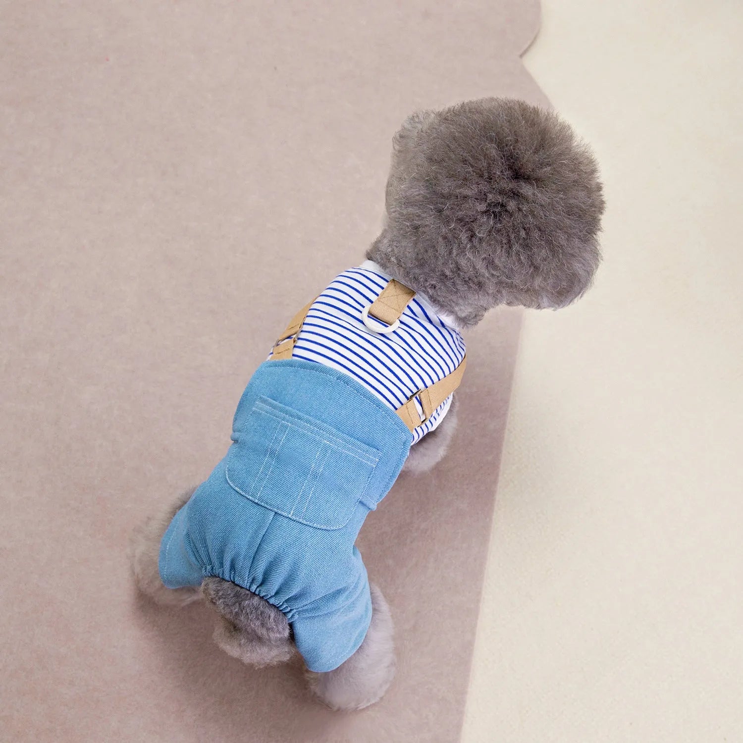 Fashion pet dog denim four pants in blue stripes for male dogs, polyester material, size M