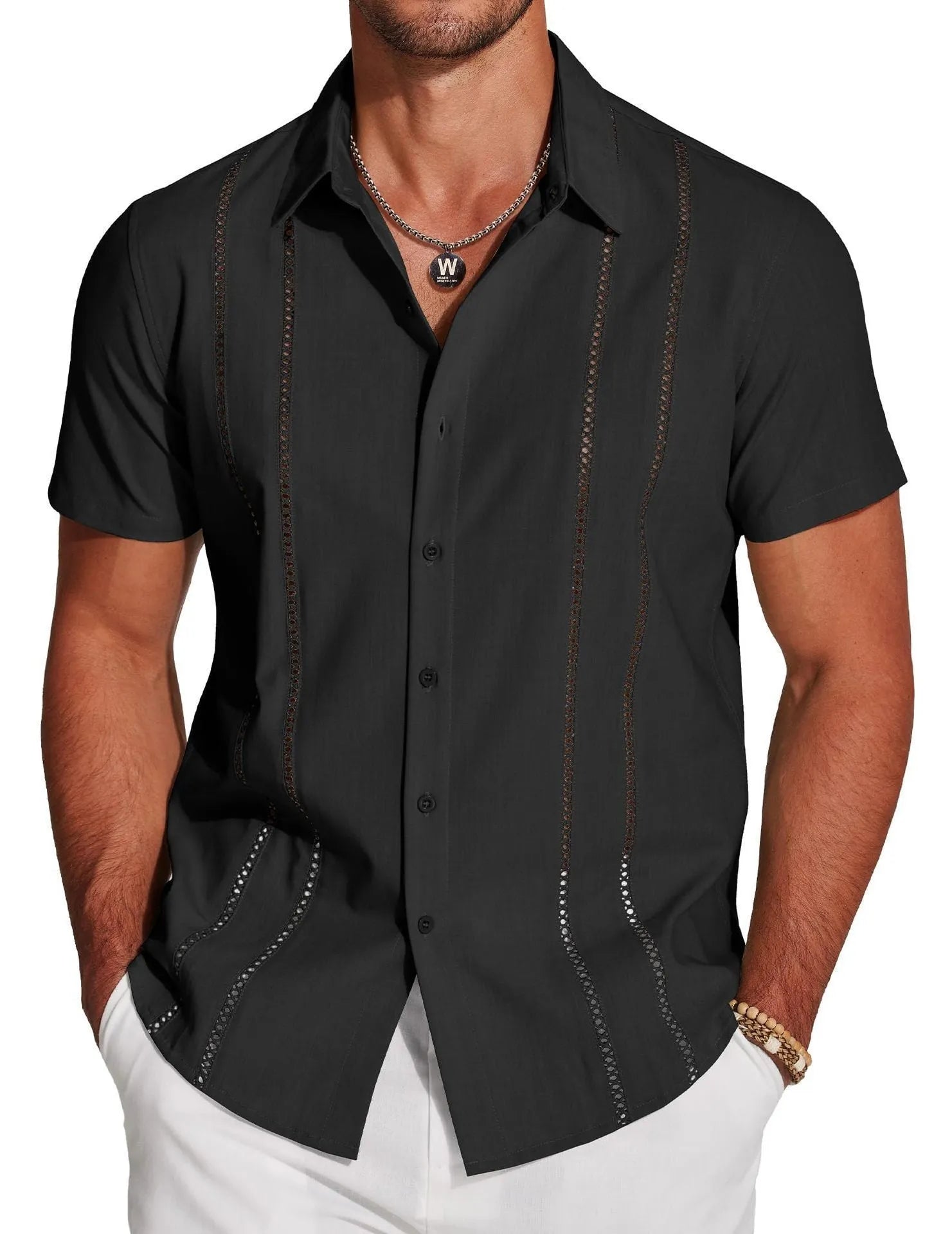 Men's slim fit Hawaiian shirt with colourful digital print pattern on polyester fabric.
