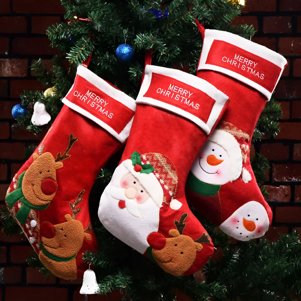 Non-woven fabric Christmas stocking with traditional elf, Santa or snowman design for holiday decorations