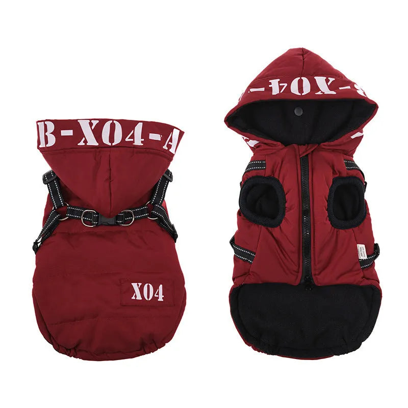 Fleece-lined waterproof dog jacket with hood in red, grey, blue or black colours
