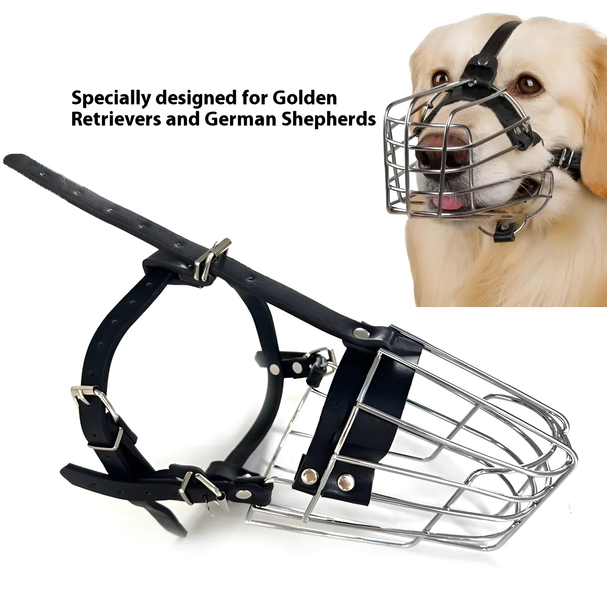 Black metal dog muzzle designed for Golden Retriever and German Shepherd breeds