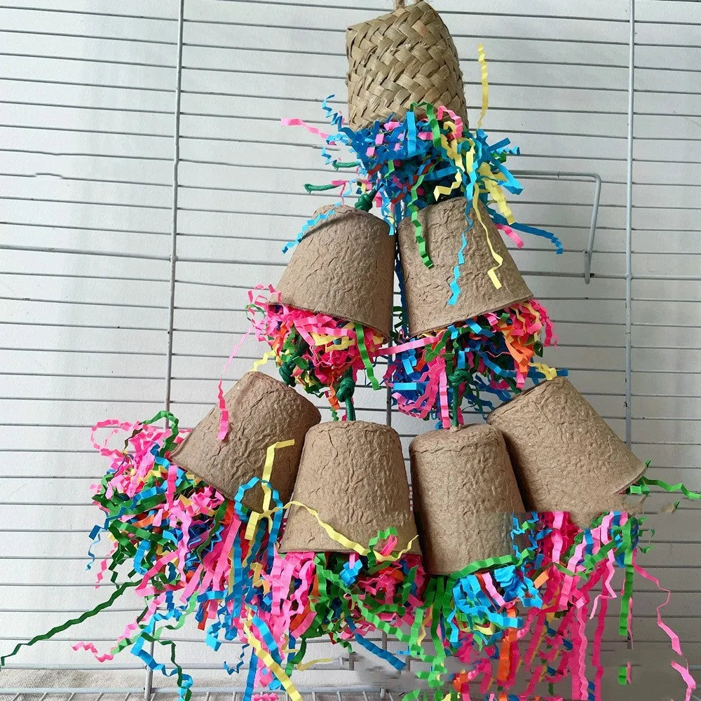Natural wood-coloured parrot chewing toy with palm leaf and rattan weaving construction, 38cm hanging length