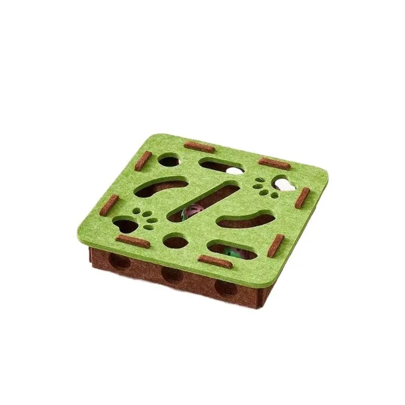 Handmade felt cat toy box in green brown colour, dimensions 30x30x7.5 cm