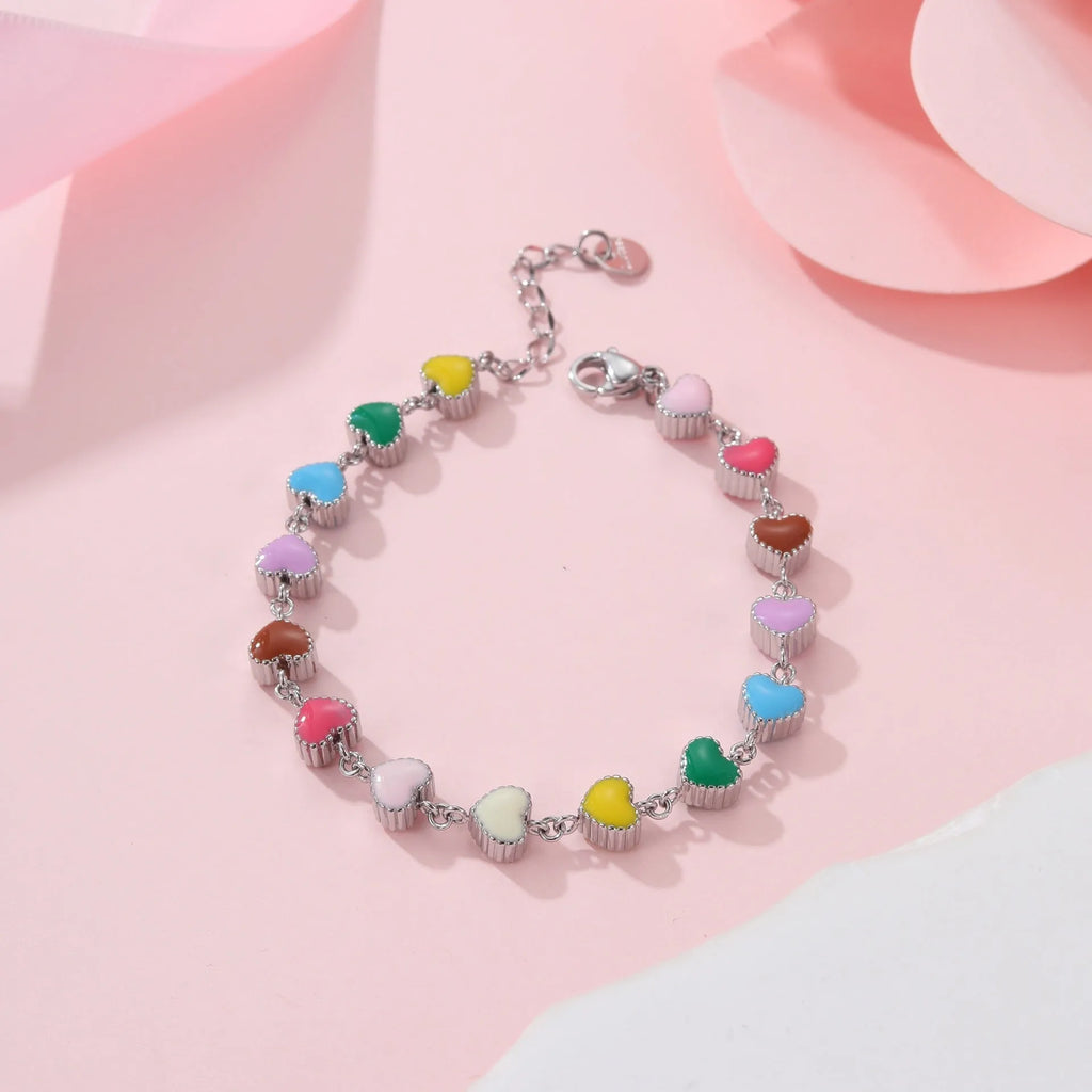 Women's heart-shaped stainless steel bracelet with colourful oil necklace element in gold electroplated finish