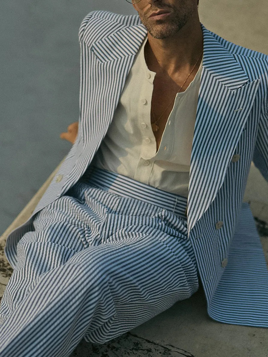 Blue and white striped polyester suit set with blazer and trousers for daily wear