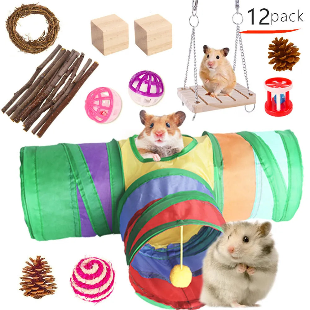 Wooden pet toy set with molar stick, straw mattress and woven balls for rabbits, guinea pigs and parrots