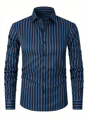 Men's striped long sleeve business shirt in polyester blend fabric with slim fit cardigan styling
