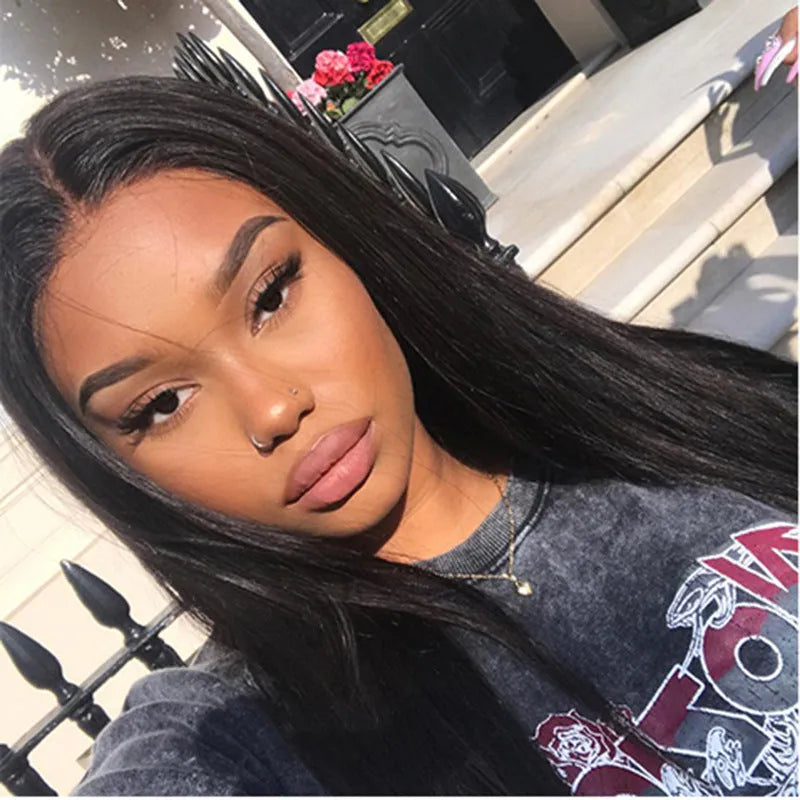 Long straight synthetic wig with centre-parted bangs in black colour