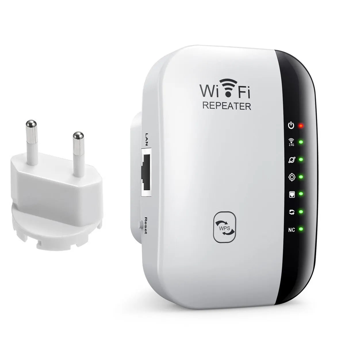 WiFi network extender in white with antenna, ABS build, 10 km range, EU plug variant