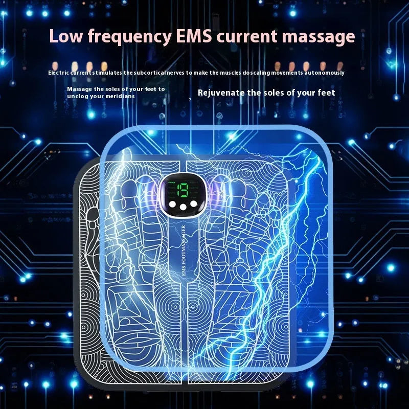 Blue reflexology foot massager mat with USB charging cable and remote control