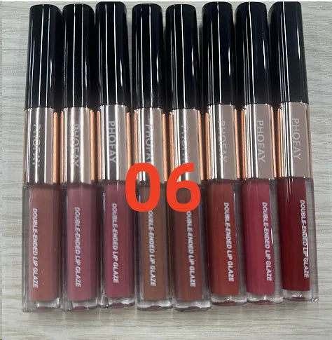 C-L021 double-head non-stick cup lip gloss showing two applicators and eight transparent colour shades.
