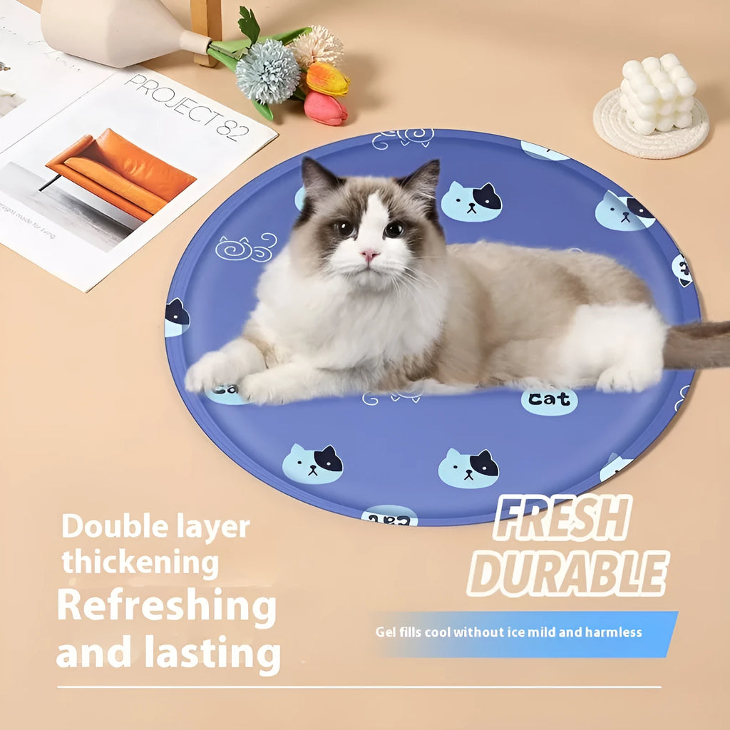 Round pet cooling ice pad with cartoon corgi design on blue background, showing 50cm diameter size.