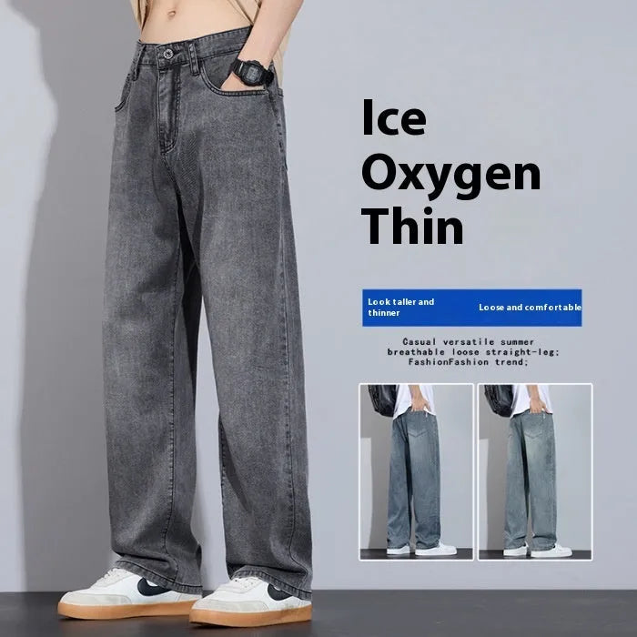 Straight-leg denim casual trousers in thin fabric on a hanger.