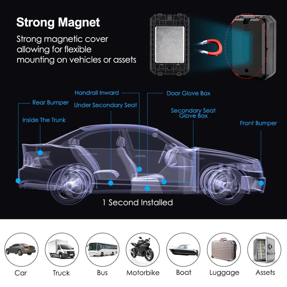 Black GPS car tracker with 6000mAh battery and ceramic antenna for vehicle security