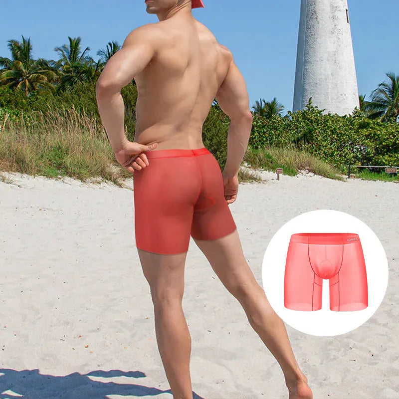 Men's ice silk boxer shorts in orange, pink, and red colours with low-waist design