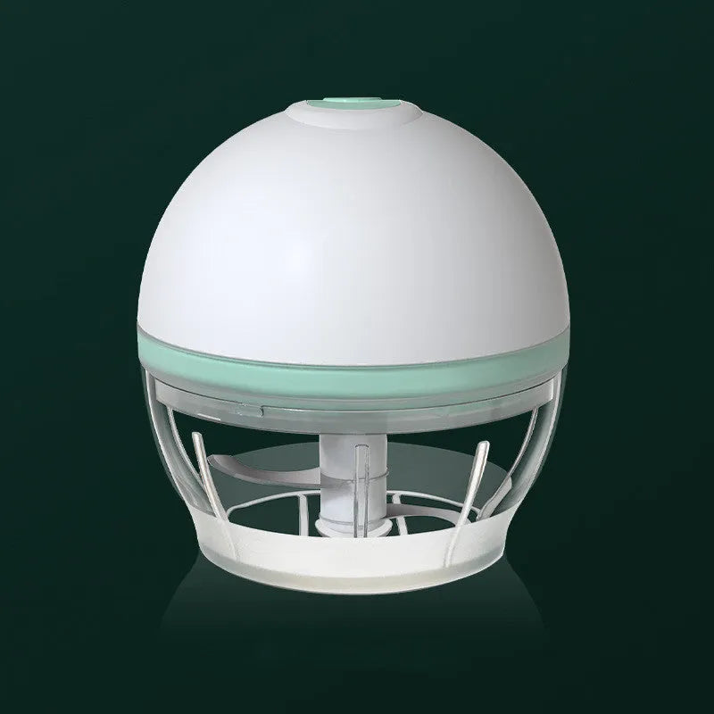 Green portable electric mini garlic cutter masher with transparent cup and USB cable, 150ml capacity on white background