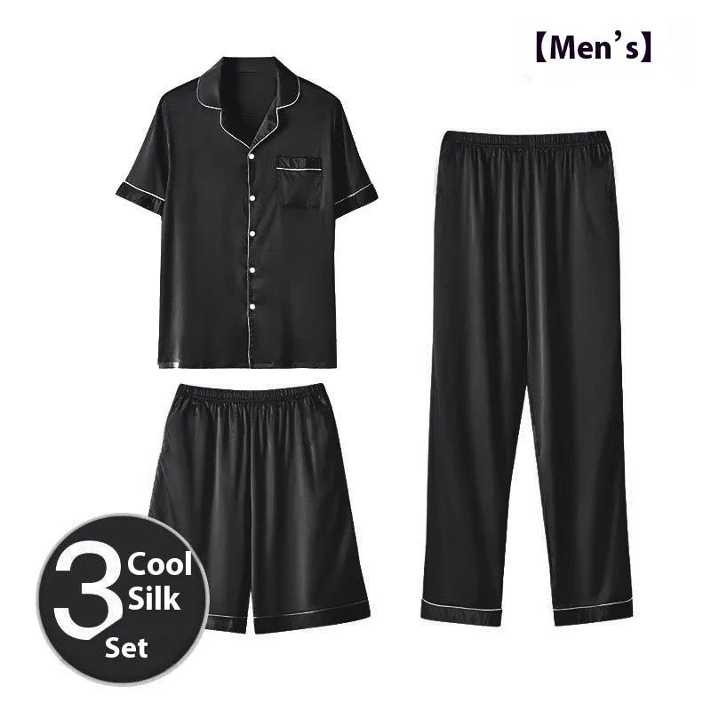Men's thin ice silk three-piece home wear loungewear set in multiple colours, sizes up to 5XL.