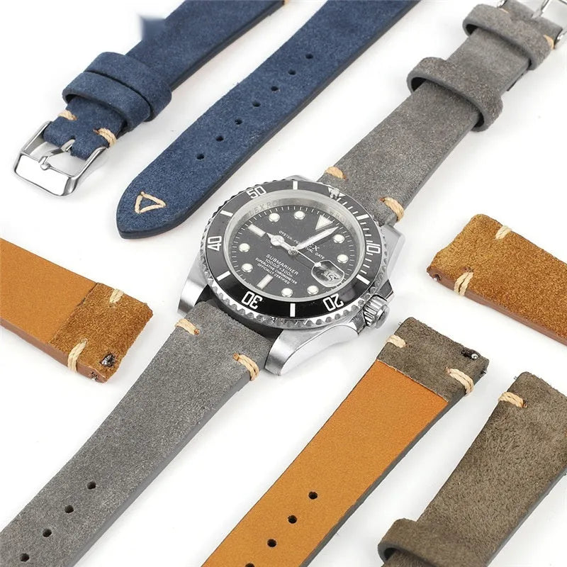 Genuine suede leather watch strap in Army Green, Blue, Brown, or Grey colour, showing 20mm and 22mm width options.