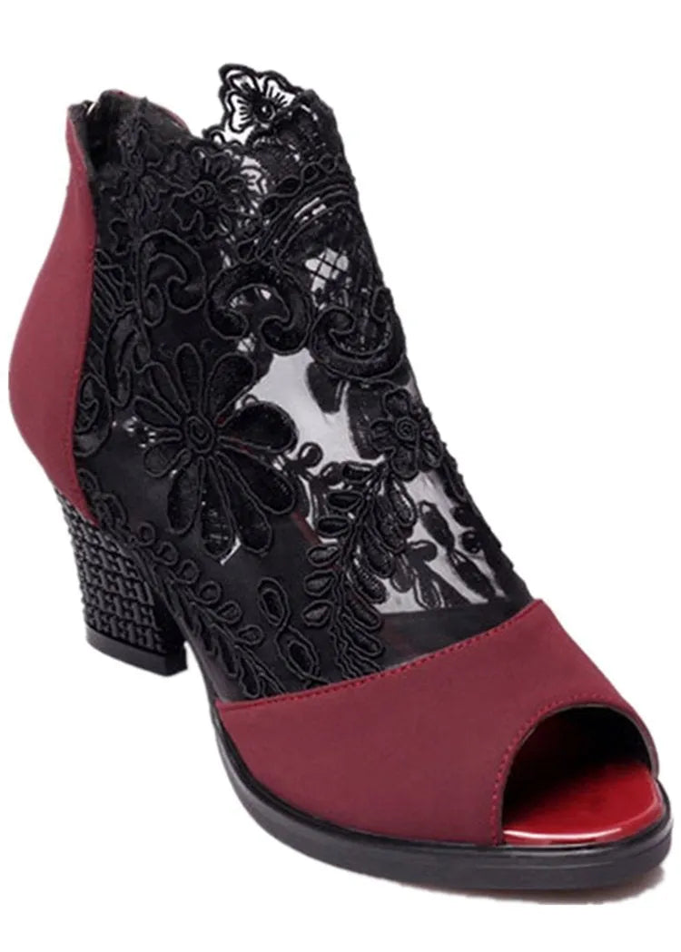 Women's black floral lace gladiator sandals with square high heel and peep toe design