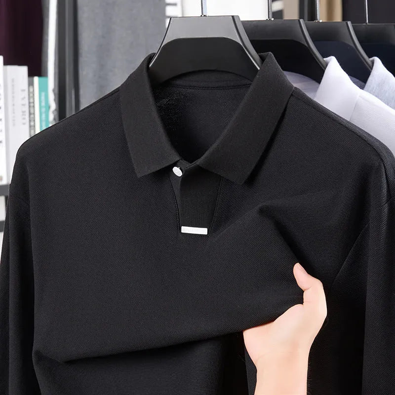 Men's loose fit cotton polo shirt with lapels and long sleeves in multiple colour options