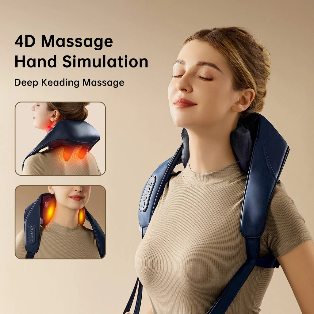 Blue electric shoulder massager with 4D kneading and heat therapy controls