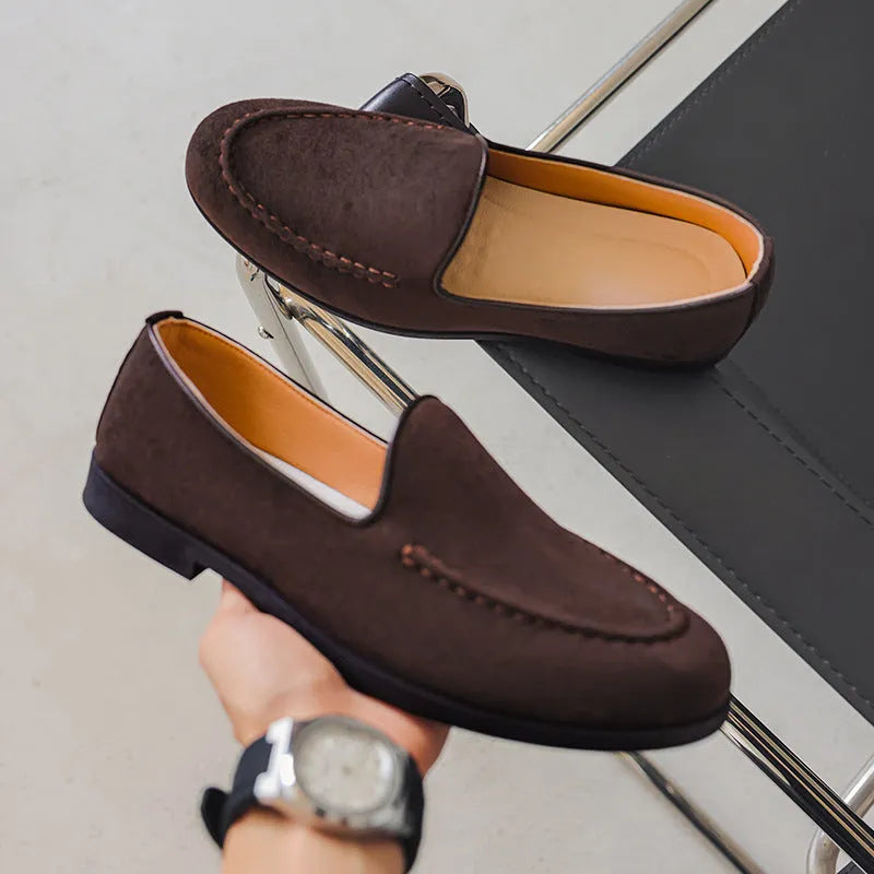 Men's summer slip-on Gommino shoes round toe wedge heel artificial PU upper leather lining solid colour beige