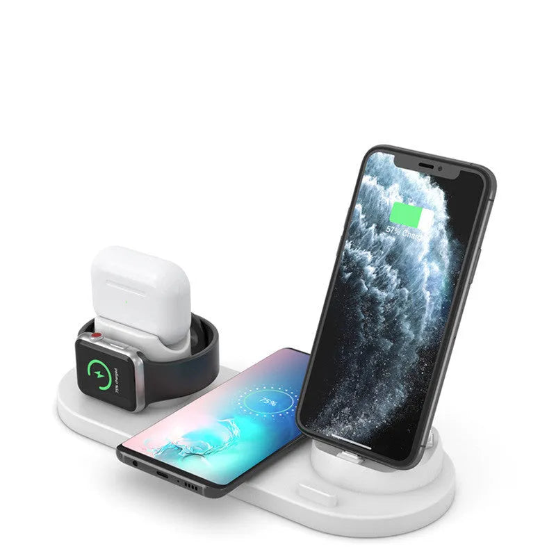 Black 6-in-1 wireless charging station with smartphone, AirPods and iWatch charging areas