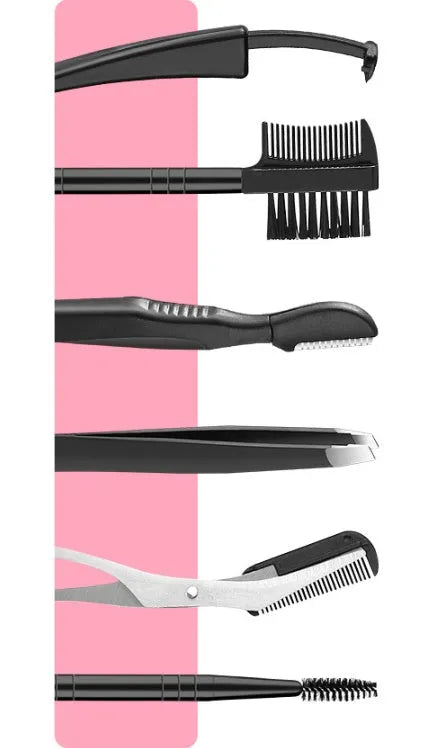 Black eyebrow trimmer set with stainless steel blade and compact 14x10x2cm dimensions