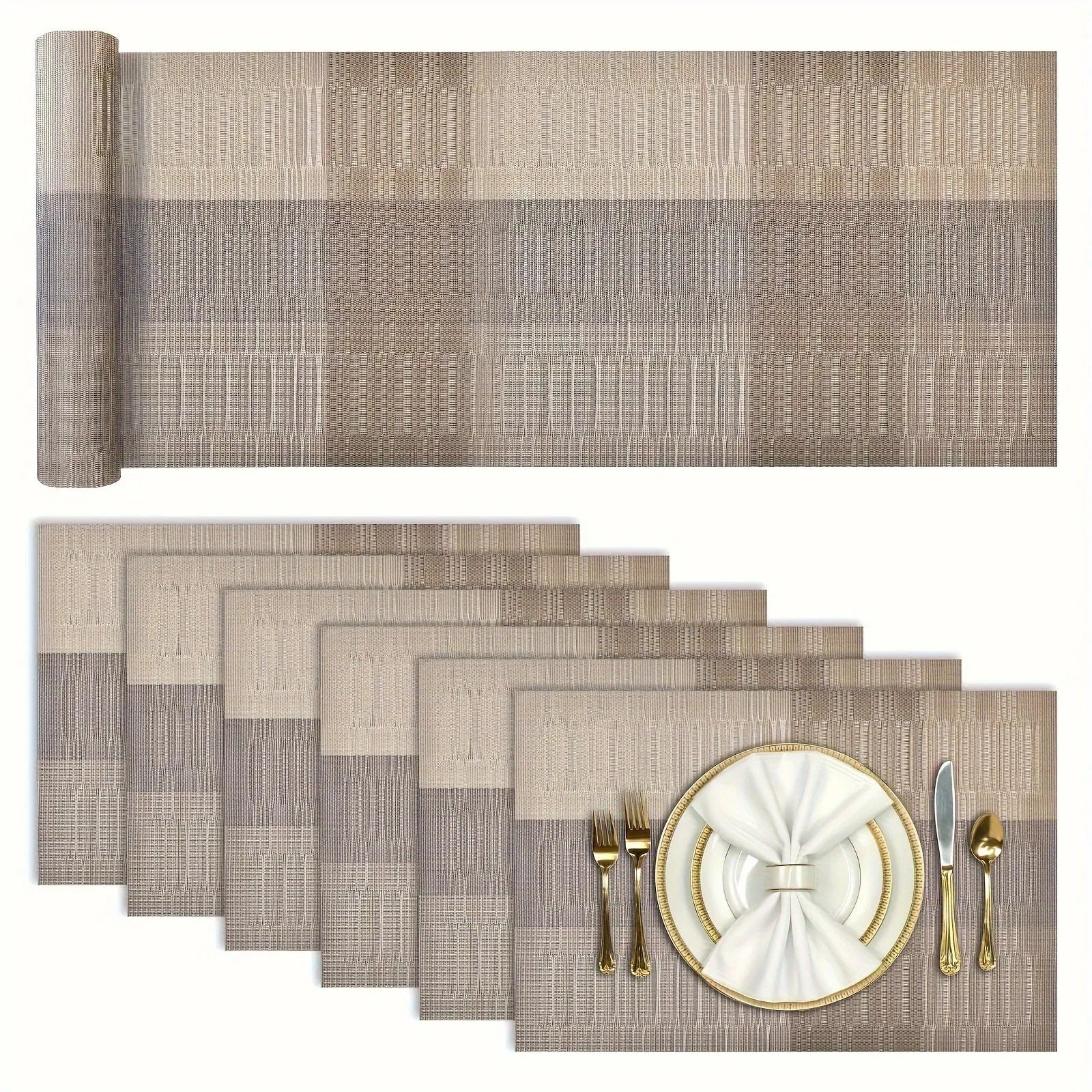 PVC non-slip dish mat in modern simple style on a dining table, showing gradient bamboo black colour option.