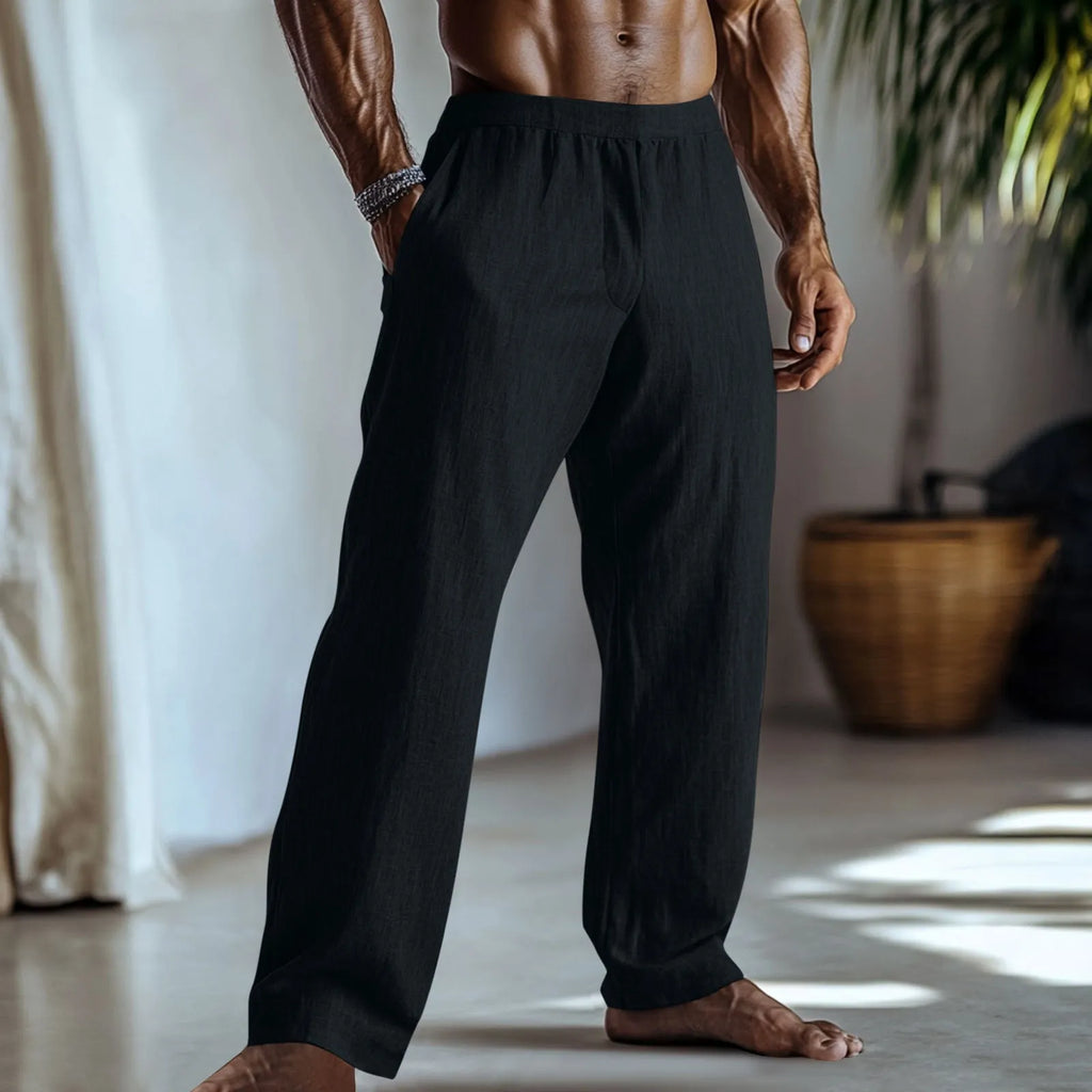 British style straight leg cotton linen trousers in light green colour showing straight fit silhouette