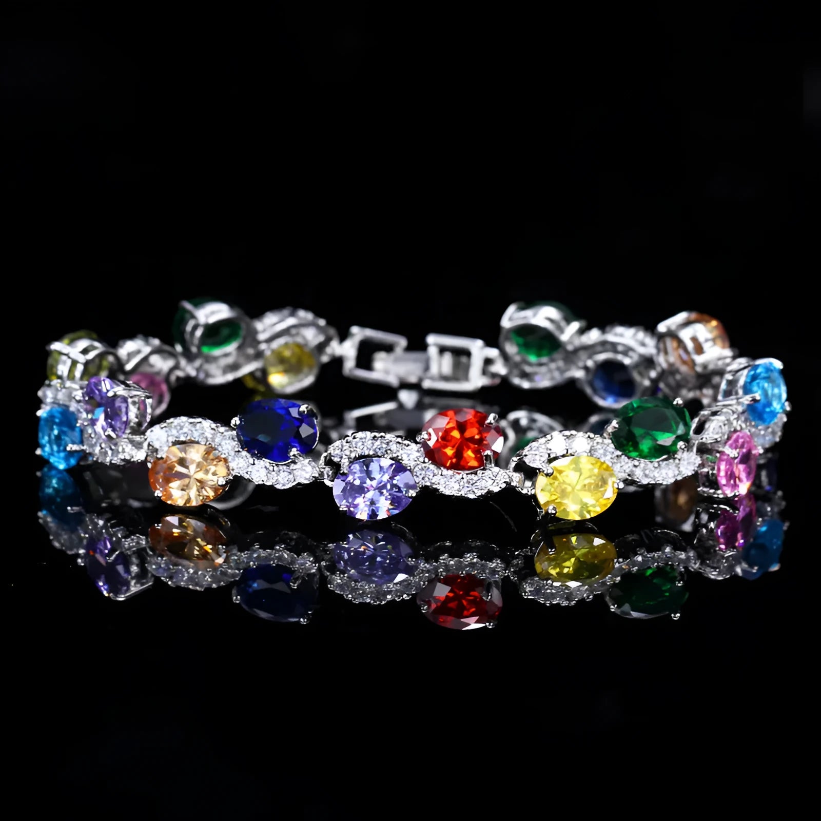 Electroplated copper bracelet with zircon stones in geometric design showing gold colour finish
