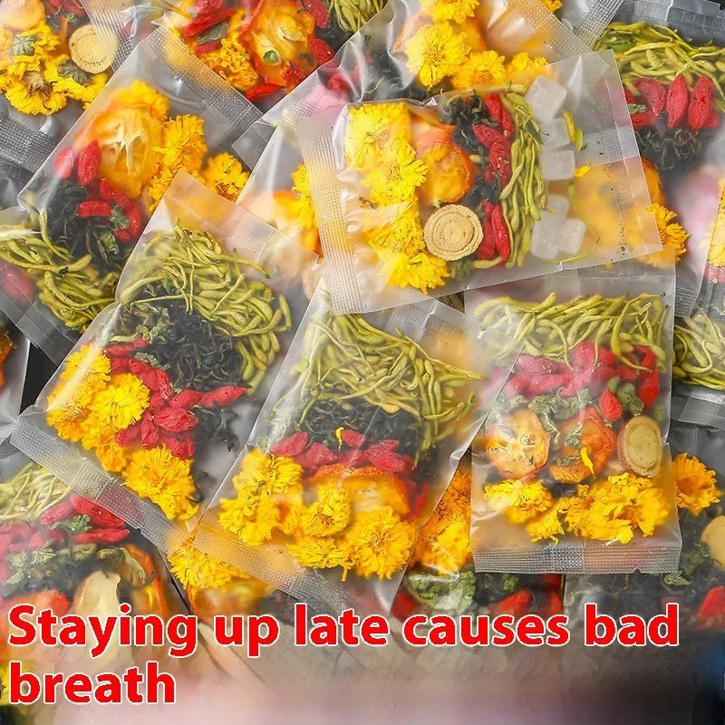 Box of honeysuckle chrysanthemum herbal tea bags with 150g net weight label.
