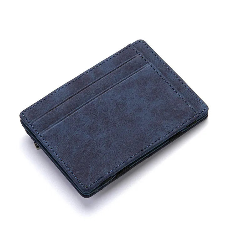 PU creative magic wallet in solid colour showing flip card holder and zipper coin purse with sewing line details.