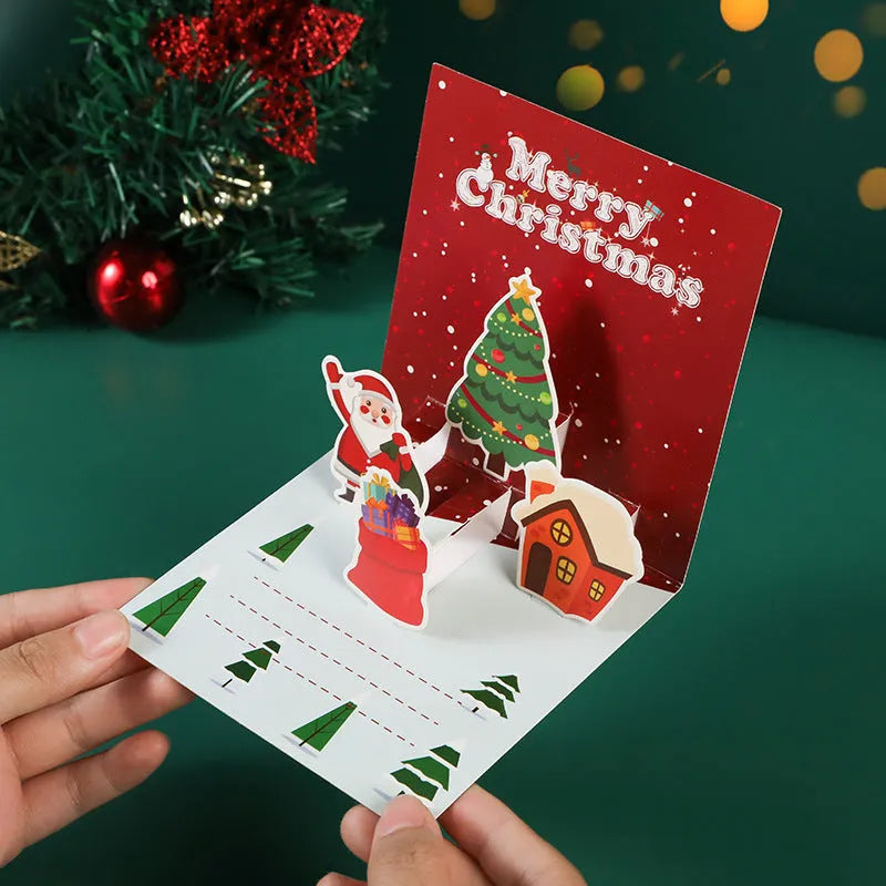 Three-dimensional blessing greeting card in fresh style, handmade from cardboard, with fold design on a flat surface