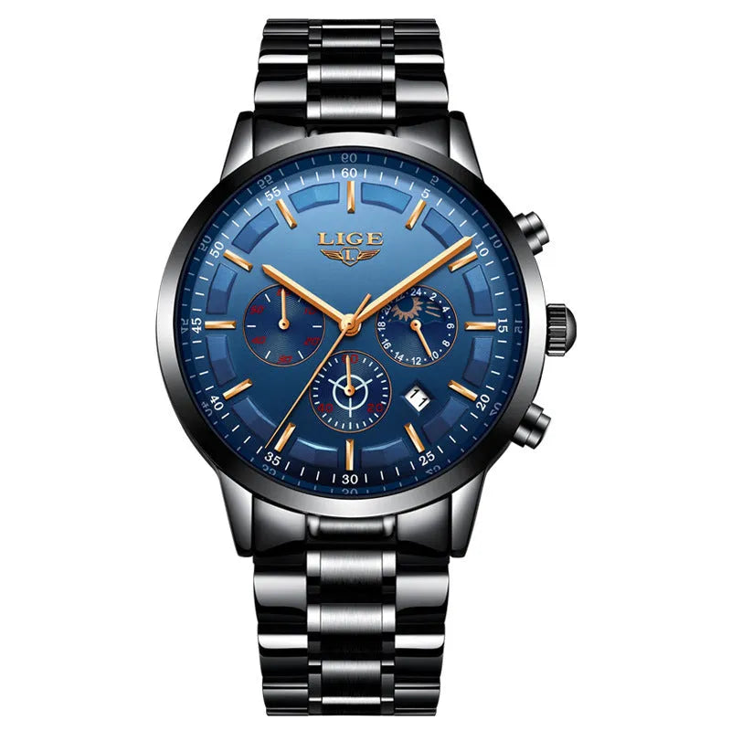 Men's waterproof quartz watch in black and rose red gold with 12mm thickness on wrist