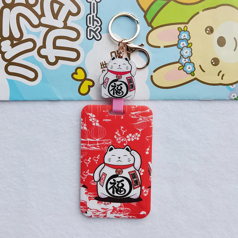 Cartoon lucky cat design plastic certificate sleeve and matching ferrule pendant set.