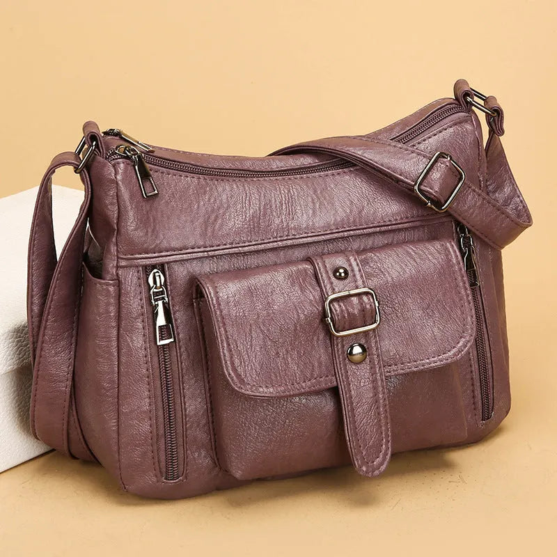 Retro large capacity soft PU leather shoulder messenger bag in brown, 27x20x10cm, with sandwich pocket