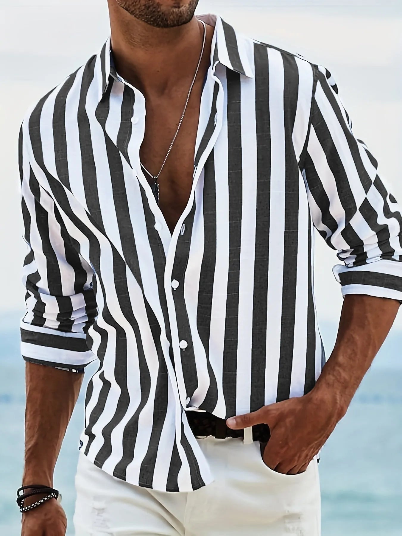 Men's yarn-dyed striped loose long-sleeved shirt in British style polyester fabric