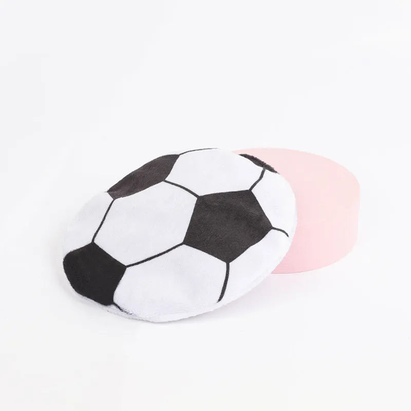 Flat disc cat toy with sports ball pattern measuring 5cm containing catnip and crinkle sound