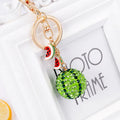 Green zinc alloy watermelon keychain with diamond detailing, 12cm size with metal ring