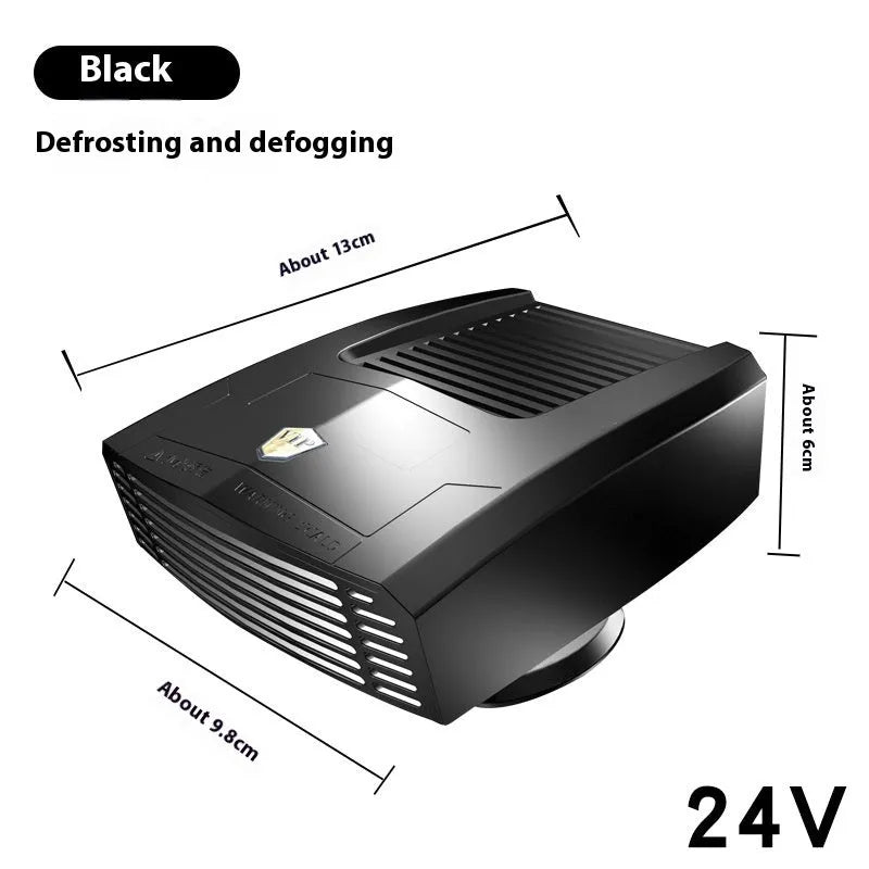 Winter car electric heater with ABS body in 12V 24V options for glass defogging, shown in four colours