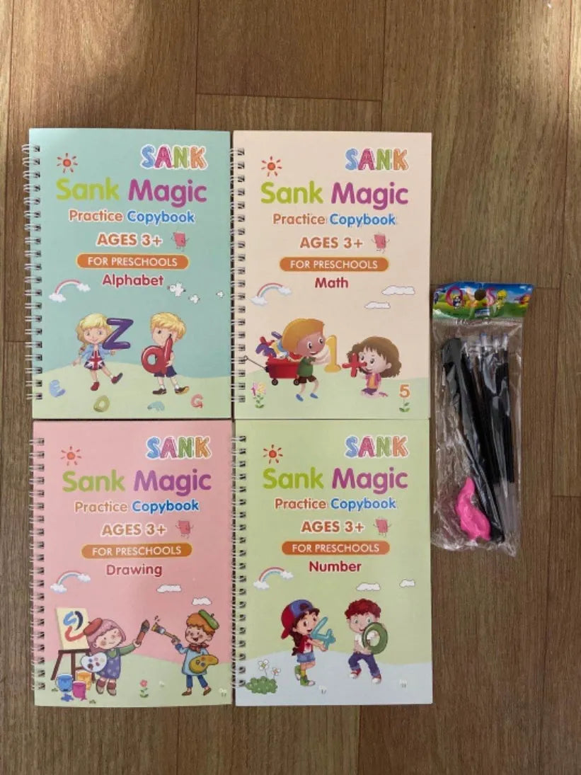 Magic calligraphy copybook set for children with stylus pen and refills, showing square slot design.